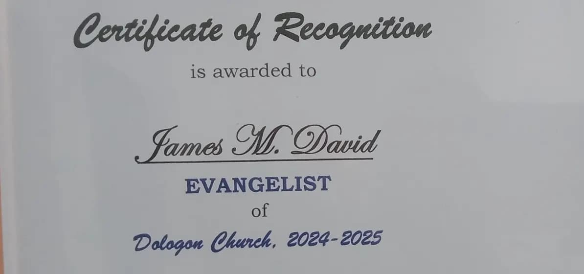 Certificate recognizing James M. David for field ministry service as an evangelist